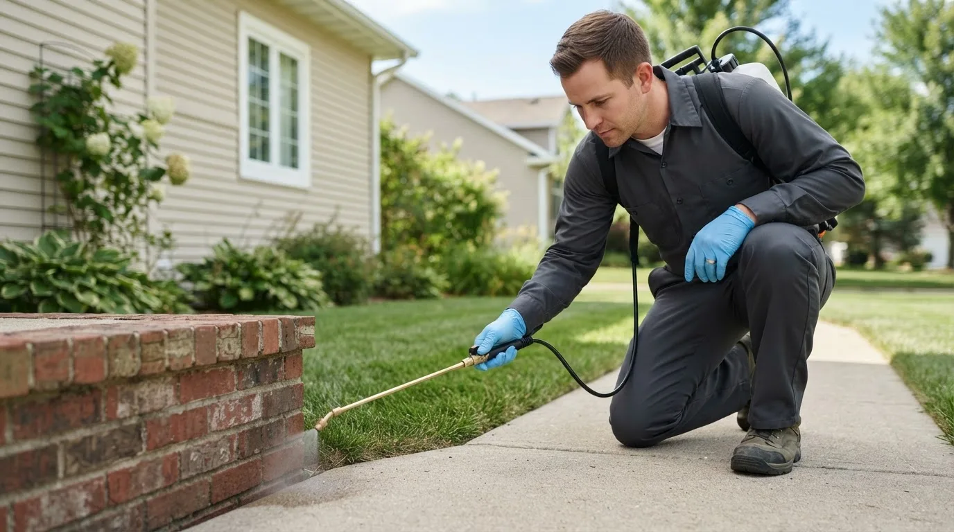 Pest control technician treating a home near Turtle Lake, ND